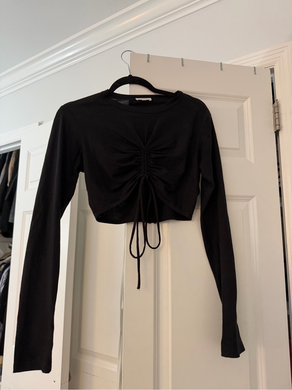 A.L.C. Black Long Sleeve Ruched Drawstring Crop Top